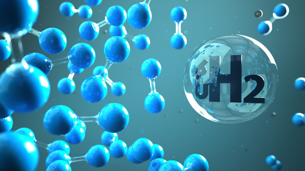 H2 gasspumpesymbol med hydrogenmolekyl i væsken. 3d illustrasjon.