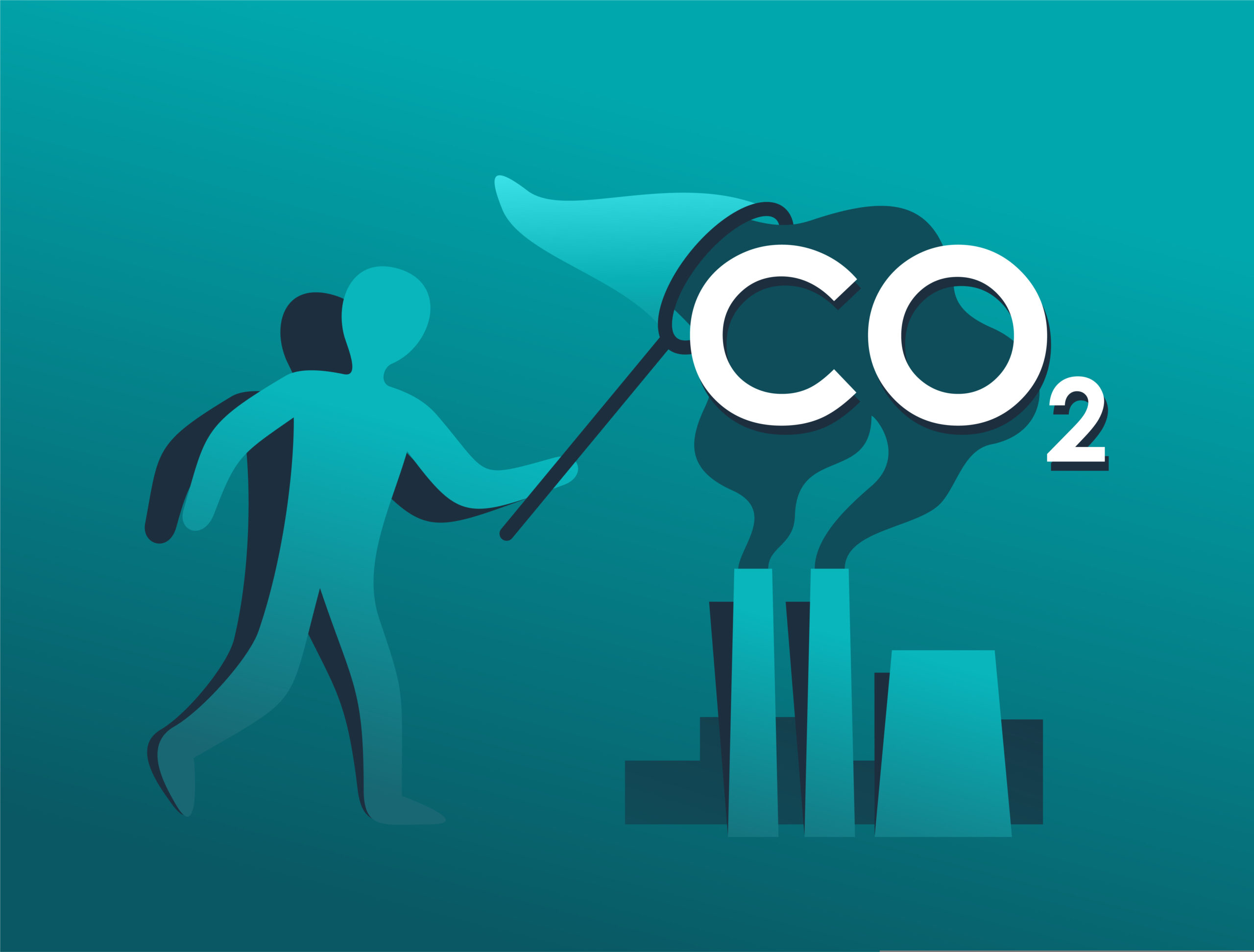 Person som fanger CO2 med en håv. Grafisk illustrasjon.
