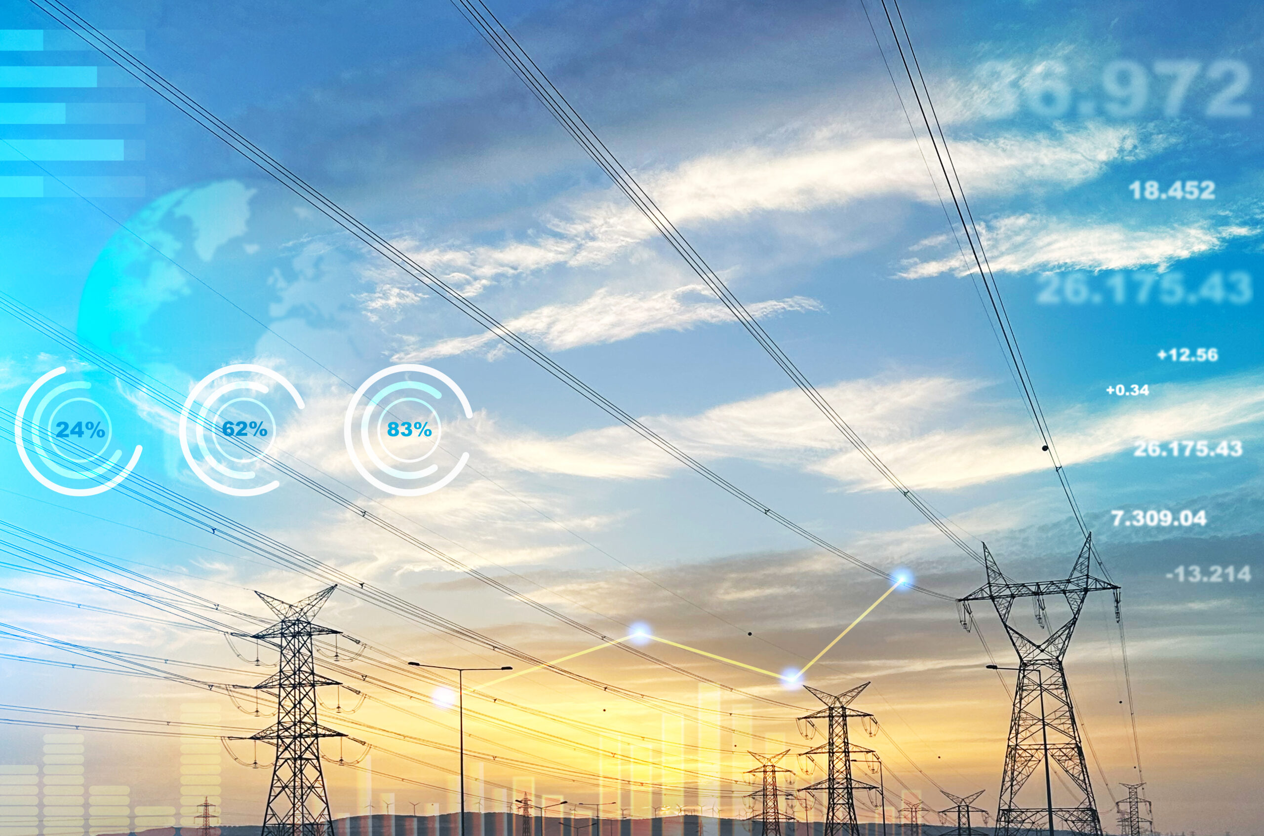 Konseptet global energikrise. Energiprisene stiger. Høyspente elektriske kraftledninger med dramatisk himmelbakgrunn. Analyse av data om kraft- og energipriser. Finansiell og økonomisk vekst i energikostnader. Foto