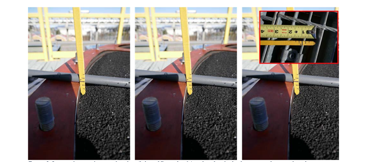 Figure 5. Images showing the typical settling (left, middle, and right) as found in the final inspection for a single radius across sorbent bed T-810. A field-fabricated measuring probe with tape measure as reference (top right).