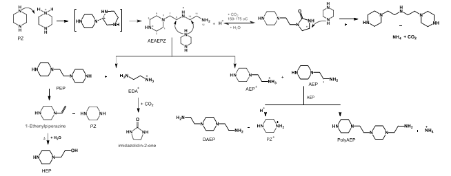 Fig. 1. Generation of AEAEPZ followed by urea formation and further degradation products.