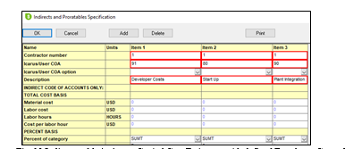 Fig. 10 Indirects table in Aspen Capital Cost Estimator with defined Developer Costs, Start Up Cost and Plant Integration Costs