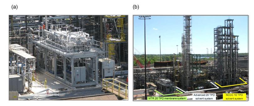 Fig. 5. Photos of (a) the MTR 20 TPD membrane system installed at NCCC and (b) the full NCCC test site showing the MTR system in comparison to two solvent capture systems. Photos are courtesy of NCCC.
