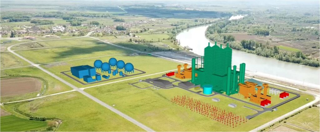 Model av Hybrid Power Plant SB satt inn i et landskap. Illustrasjon