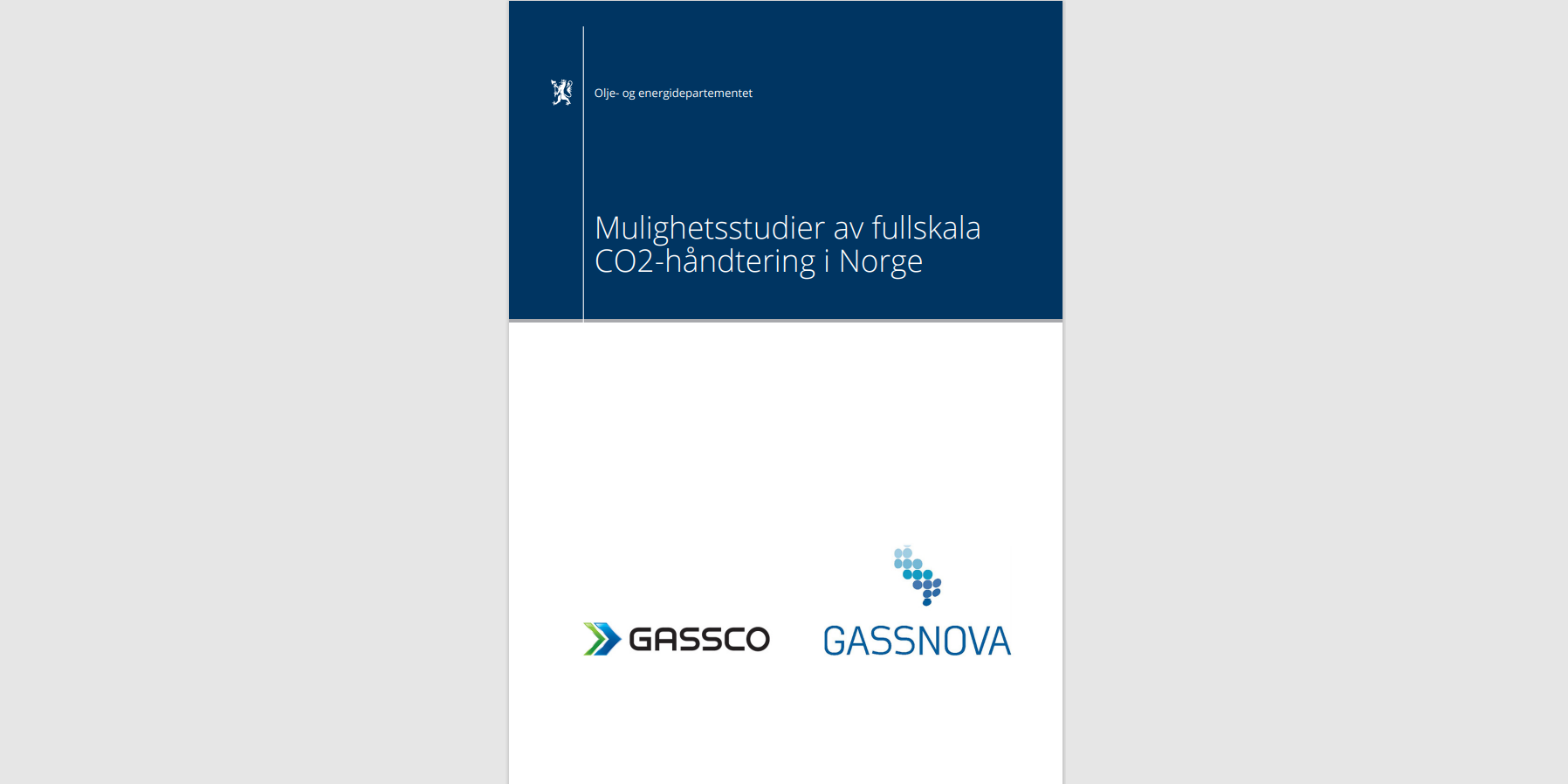 Skjermbilde av forsiden til rapporten Mulighetsstudier av fullskala CO2-håndtering i Norge. Foto.