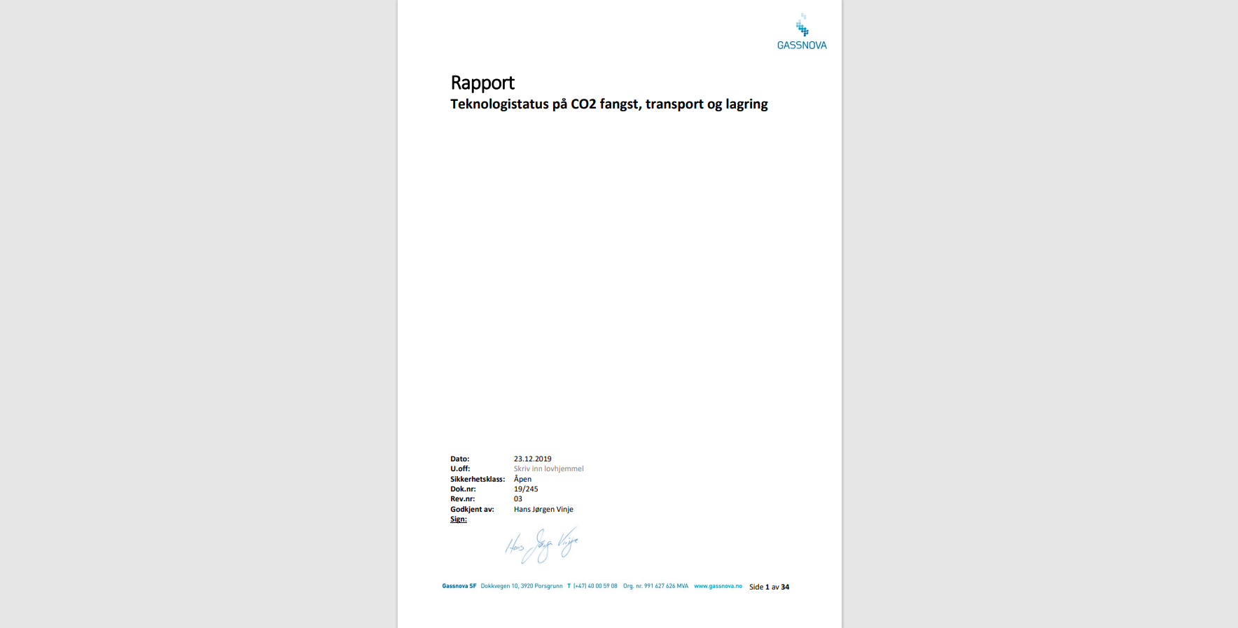 Skjermbilde av forsiden til rapporten Teknologistatus på CO2 fangst, transport og lagring. Foto.