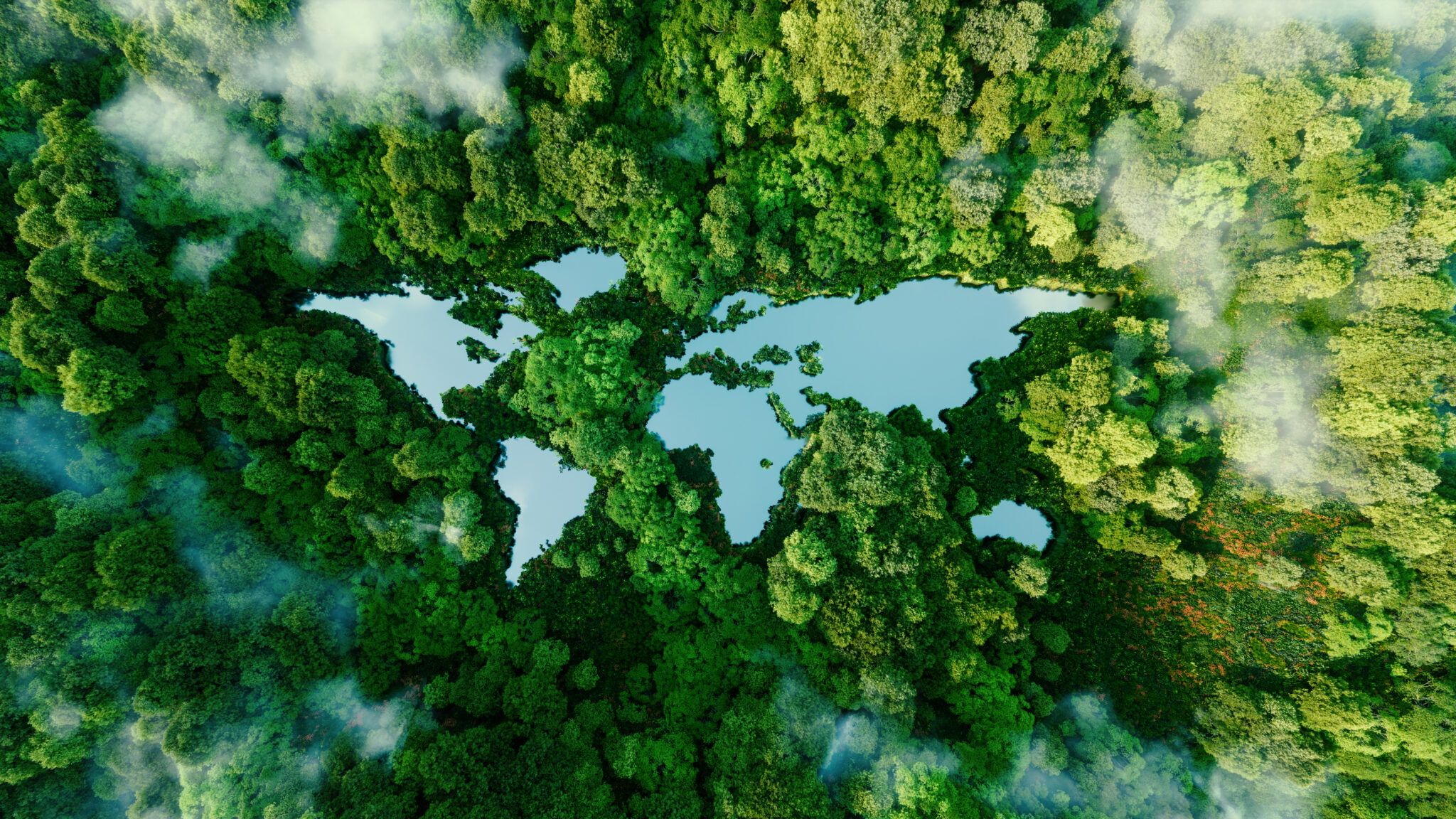 En grønn skog sett ovenfra hvor en innsjø likner et verdenskart. Grafisk illustrasjon.