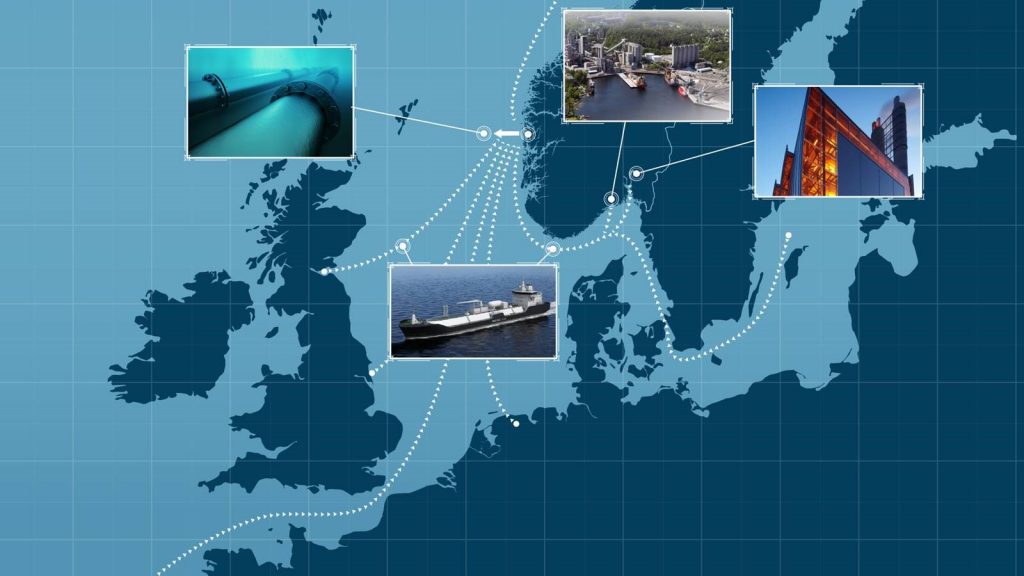 Oversiktskart over Nord-Europa hvor fangst- og lagringsaktørene i CCS-prosjektet Langskip er merket ut. Illustrasjon/foto.