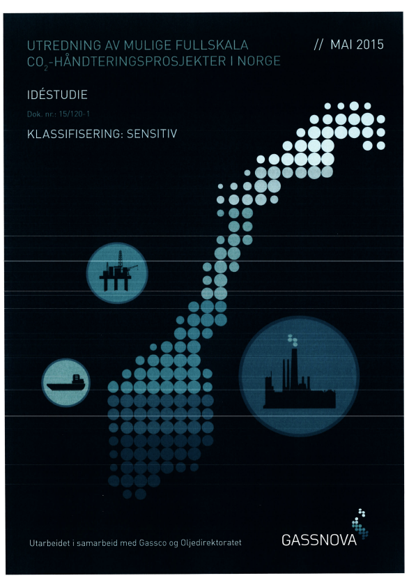 Forsiden til rapporten "Idéstudien"/"Concept study" om Idéstudien fra 2015 hvor det er bilde av det norske kartet, skip, oljeplattformer og sementanlegg