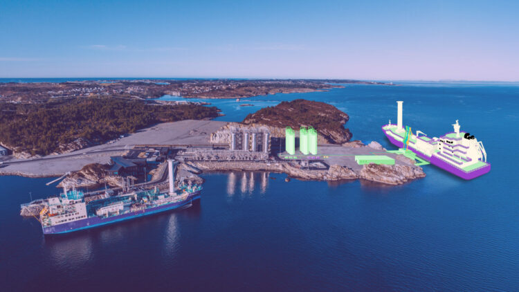 Bilde fra Northern Lights anlegg i Øygard. Inkludert av en skisse av fase to med tanker og skip. Foto/illustrasjon
